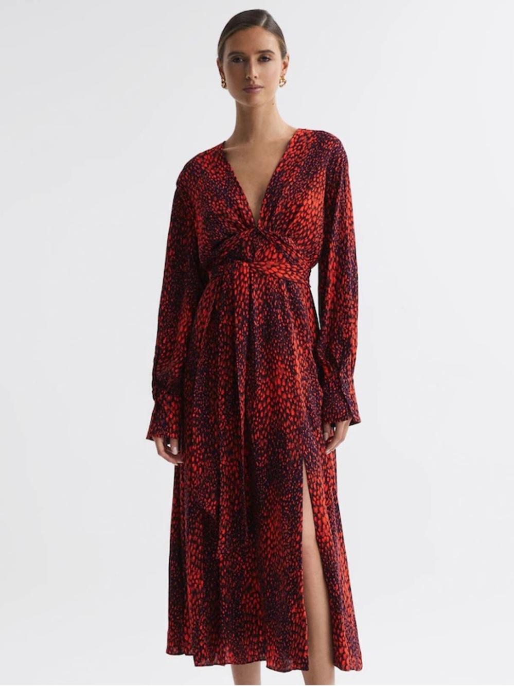 Reiss Sz 2 Maya Red Blue Printed Abstract Tie Waist Midi Dress